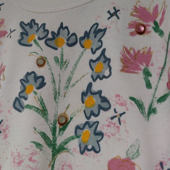 Vintage Hand Painted Bejeweled Sweatshirt White Pink Floral 44" Bust - Picture 6 of 11